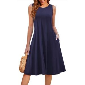 HOTOUCH Summer Casual Sleeveless Swing Tank Pleated Sundress with Pockets